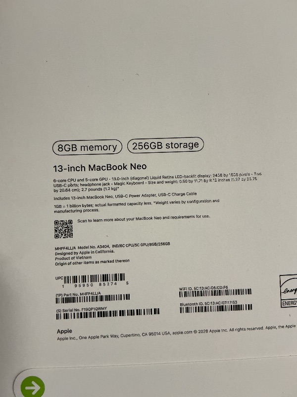 Photo 1 of Apple 2026 MacBook Neo 13-inch Laptop with A18 Pro chip: Built for AI and Apple Intelligence, Liquid Retina Display, 8GB Unified Memory, 256GB SSD Storage, 1080p FaceTime HD Camera; Indigo