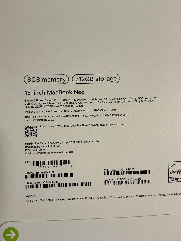 Photo 1 of Apple 2026 MacBook Neo 13-inch Laptop with A18 Pro chip: Built for AI and Apple Intelligence, Liquid Retina Display, 8GB Unified Memory, 512GB SSD Storage, 1080p FaceTime HD Camera, Touch ID; Indigo