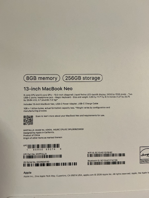 Photo 1 of Apple 2026 MacBook Neo 13-inch Laptop with A18 Pro chip: Built for AI and Apple Intelligence, Liquid Retina Display, 8GB Unified Memory, 256GB SSD Storage, 1080p FaceTime HD Camera; Indigo