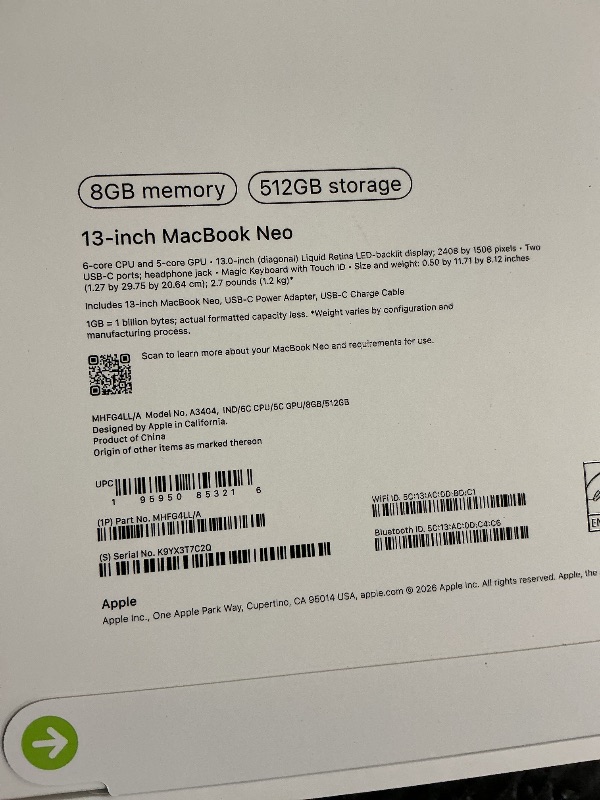Photo 1 of Apple 2026 MacBook Neo 13-inch Laptop with A18 Pro chip: Built for AI and Apple Intelligence, Liquid Retina Display, 8GB Unified Memory, 512GB SSD Storage, 1080p FaceTime HD Camera, Touch ID; Indigo
