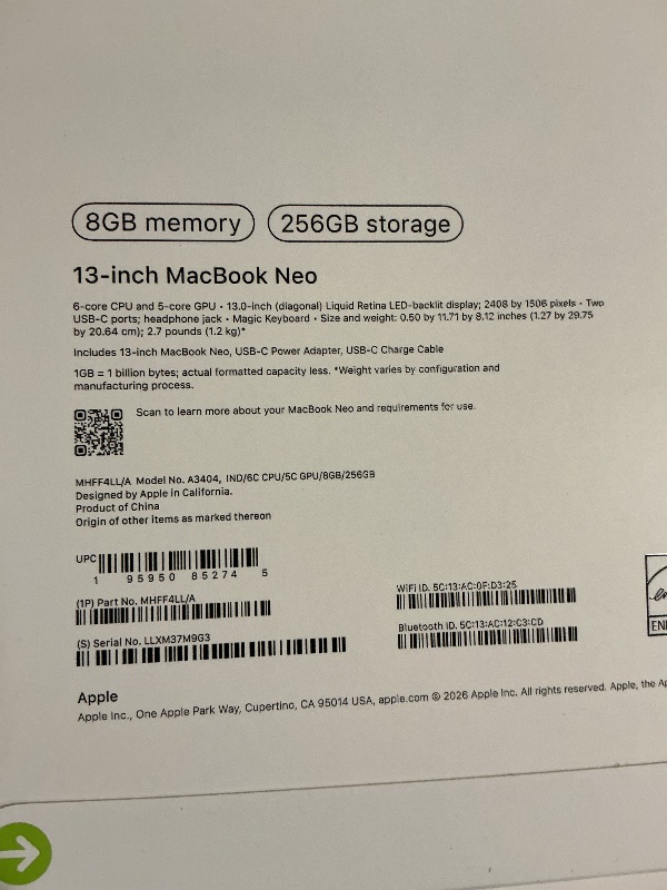 Photo 1 of Apple 2026 MacBook Neo 13-inch Laptop with A18 Pro chip: Built for AI and Apple Intelligence, Liquid Retina Display, 8GB Unified Memory, 256GB SSD Storage, 1080p FaceTime HD Camera; Indigo