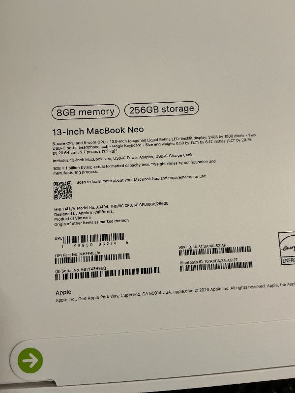 Photo 1 of Apple 2026 MacBook Neo 13-inch Laptop with A18 Pro chip: Built for AI and Apple Intelligence, Liquid Retina Display, 8GB Unified Memory, 256GB SSD Storage, 1080p FaceTime HD Camera; Indigo