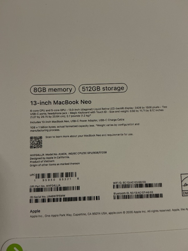Photo 1 of Apple 2026 MacBook Neo 13-inch Laptop with A18 Pro chip: Built for AI and Apple Intelligence, Liquid Retina Display, 8GB Unified Memory, 512GB SSD Storage, 1080p FaceTime HD Camera, Touch ID; Indigo