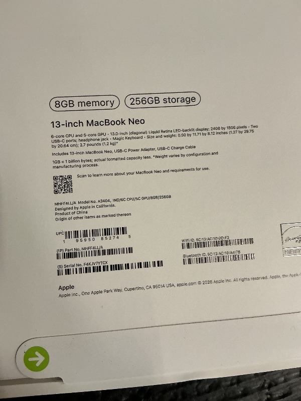 Photo 1 of Apple 2026 MacBook Neo 13-inch Laptop with A18 Pro chip: Built for AI and Apple Intelligence, Liquid Retina Display, 8GB Unified Memory, 256GB SSD Storage, 1080p FaceTime HD Camera; Indigo