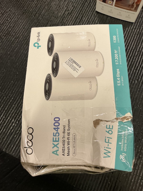 Photo 1 of TP-Link Deco XE75 AXE5400 Tri-Band WiFi 6E Mesh System - Wi-Fi up to 7200 Sq.Ft, Engadget Rated Best Mesh for Most People, Replaces WiFi Router and Extender, AI-Driven Mesh New 6GHz Band, 3-Pack