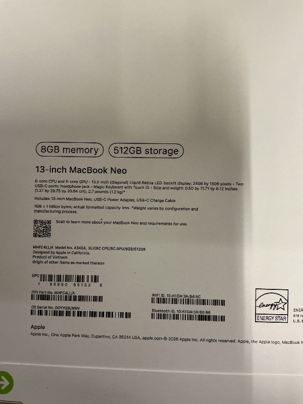Photo 1 of FACTORY SEALED—Apple 2026 MacBook Neo 13-inch Laptop with A18 Pro chip: Built for AI and Apple Intelligence, Liquid Retina Display, 8GB Unified Memory, 512GB SSD Storage, 1080p FaceTime HD Camera, Touch ID; Silver