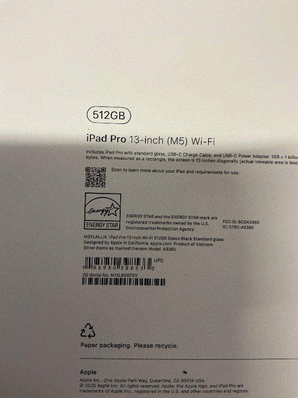 Photo 1 of FACTORY SEALED—Apple iPad Pro 13-inch (M5): Ultra Retina XDR Display, 512GB, Landscape 12MP Front Camera/12MP Back Camera, LiDAR Scanner, Wi-Fi 7 with Apple N1, Face ID, All-Day Battery Life — Space Black