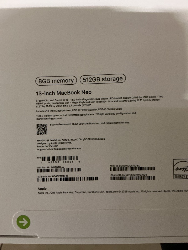 Photo 1 of Apple 2026 MacBook Neo 13-inch Laptop with A18 Pro chip: Built for AI and Apple Intelligence, Liquid Retina Display, 8GB Unified Memory, 512GB SSD Storage, 1080p FaceTime HD Camera, Touch ID; Indigo