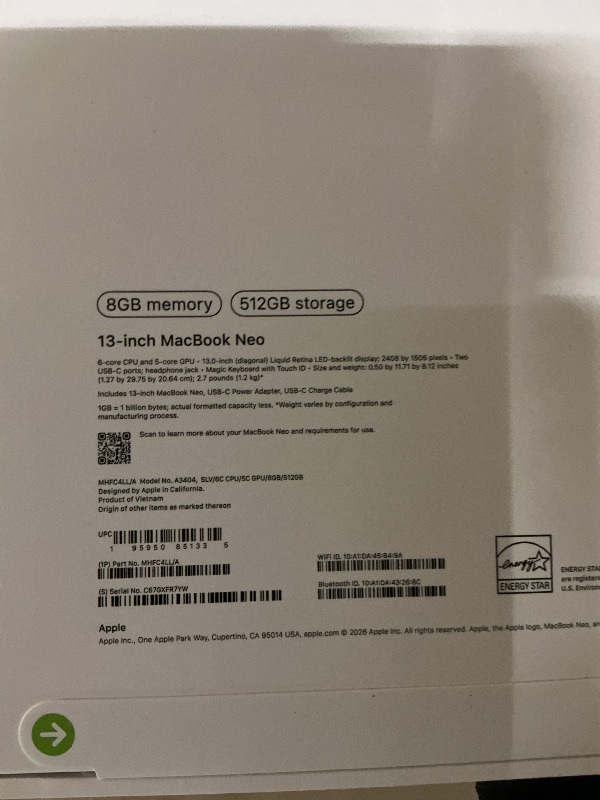 Photo 1 of Apple 2026 MacBook Neo 13-inch Laptop with A18 Pro chip: Built for AI and Apple Intelligence, Liquid Retina Display, 8GB Unified Memory, 512GB SSD Storage, 1080p FaceTime HD Camera, Touch ID; Silver