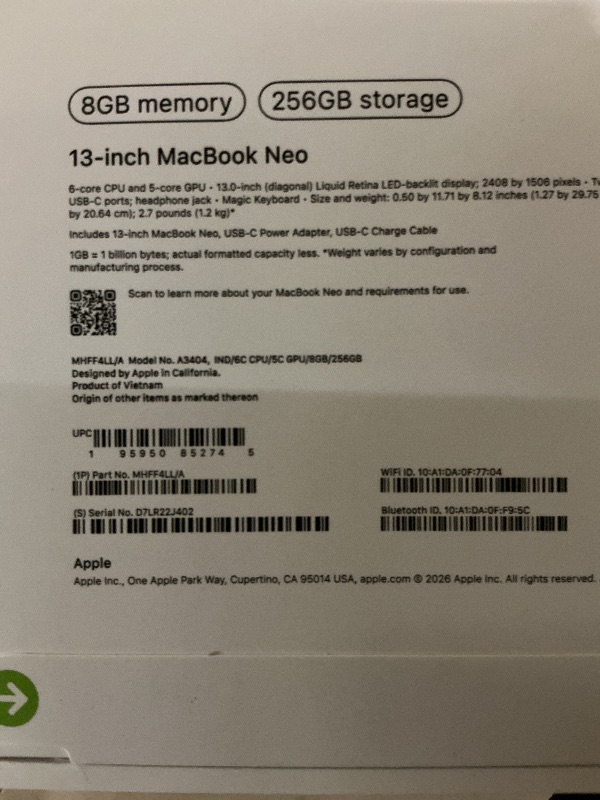 Photo 1 of Apple 2026 MacBook Neo 13-inch Laptop with A18 Pro chip: Built for AI and Apple Intelligence, Liquid Retina Display, 8GB Unified Memory, 256GB SSD Storage, 1080p FaceTime HD Camera; Indigo