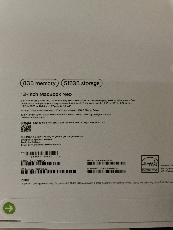 Photo 1 of Apple 2026 MacBook Neo 13-inch Laptop with A18 Pro chip: Built for AI and Apple Intelligence, Liquid Retina Display, 8GB Unified Memory, 512GB SSD Storage, 1080p FaceTime HD Camera, Touch ID; Indigo