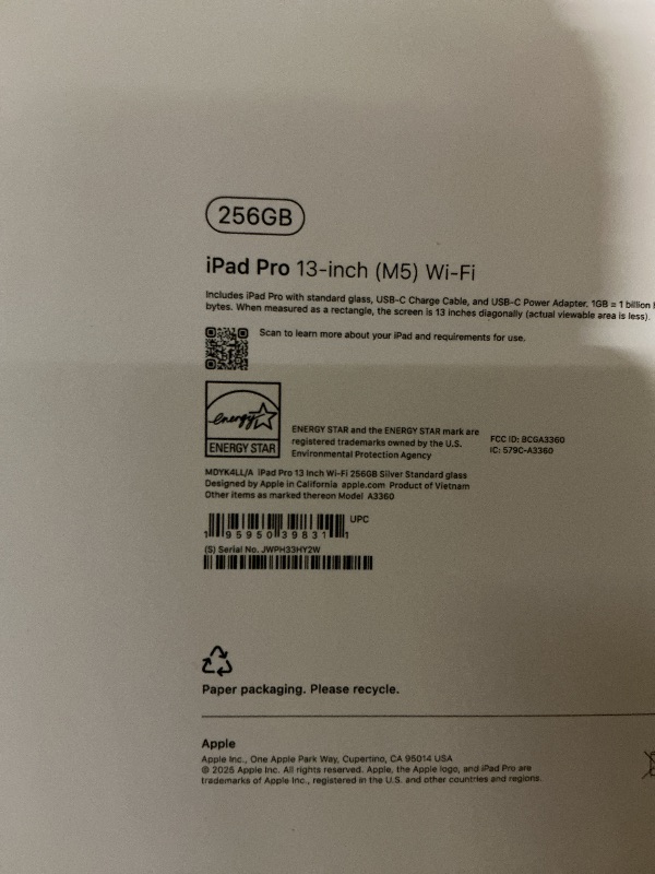 Photo 1 of Apple iPad Pro 13-inch (M5): Ultra Retina XDR Display, 256GB, Landscape 12MP Front Camera/12MP Back Camera, LiDAR Scanner, Wi-Fi 7 with Apple N1, Face ID, All-Day Battery Life — Silver