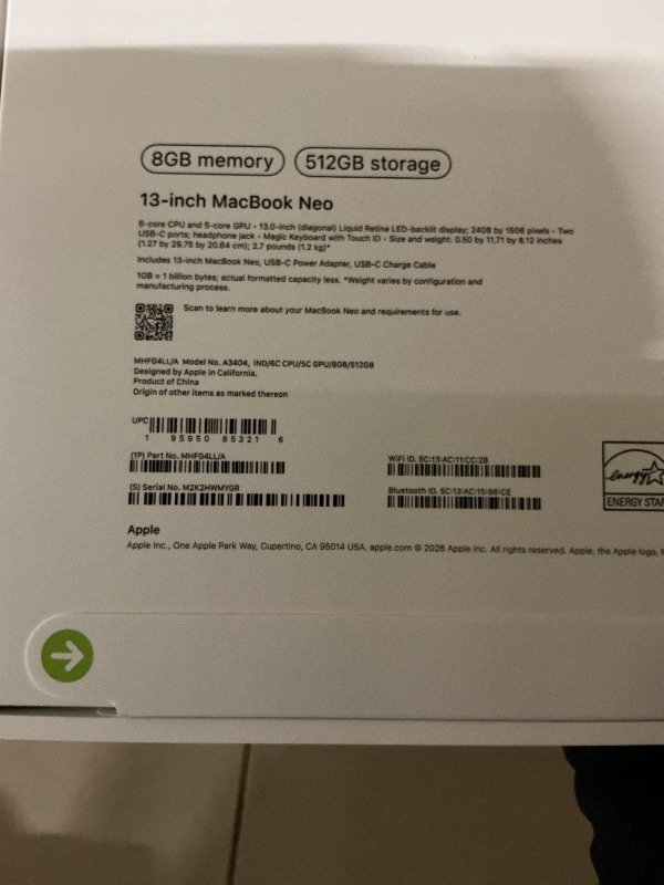 Photo 1 of Apple 2026 MacBook Neo 13-inch Laptop with A18 Pro chip: Built for AI and Apple Intelligence, Liquid Retina Display, 8GB Unified Memory, 512GB SSD Storage, 1080p FaceTime HD Camera, Touch ID; Indigo