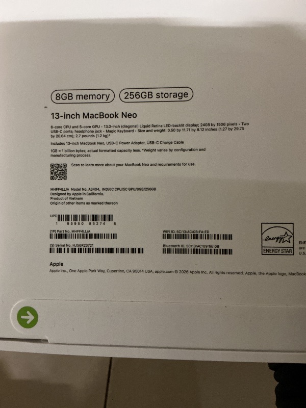 Photo 1 of Apple 2026 MacBook Neo 13-inch Laptop with A18 Pro chip: Built for AI and Apple Intelligence, Liquid Retina Display, 8GB Unified Memory, 256GB SSD Storage, 1080p FaceTime HD Camera; Indigo