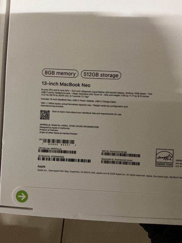 Photo 1 of Apple 2026 MacBook Neo 13-inch Laptop with A18 Pro chip: Built for AI and Apple Intelligence, Liquid Retina Display, 8GB Unified Memory, 512GB SSD Storage, 1080p FaceTime HD Camera, Touch ID; Citrus