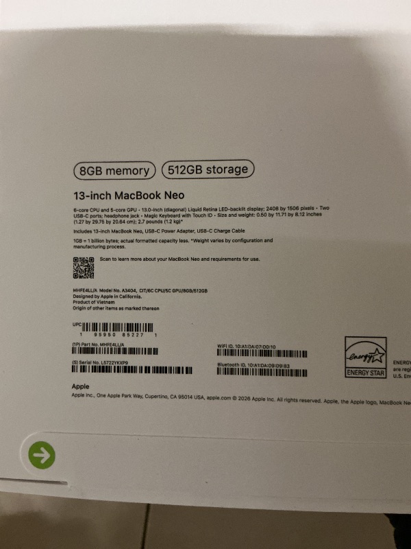 Photo 1 of Apple 2026 MacBook Neo 13-inch Laptop with A18 Pro chip: Built for AI and Apple Intelligence, Liquid Retina Display, 8GB Unified Memory, 512GB SSD Storage, 1080p FaceTime HD Camera, Touch ID; Citrus