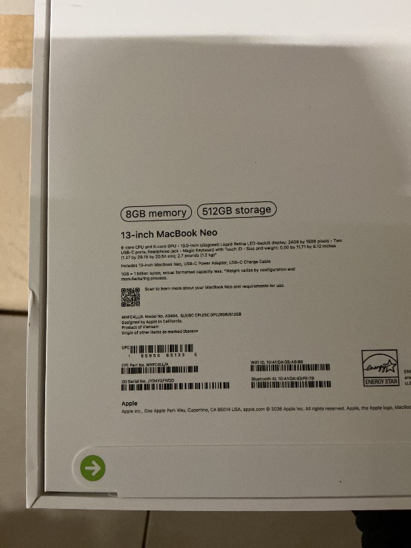 Photo 1 of Apple 2026 MacBook Neo 13-inch Laptop with A18 Pro chip: Built for AI and Apple Intelligence, Liquid Retina Display, 8GB Unified Memory, 512GB SSD Storage, 1080p FaceTime HD Camera, Touch ID; Silver