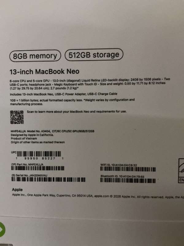 Photo 1 of Apple 2026 MacBook Neo 13-inch Laptop with A18 Pro chip: Built for AI and Apple Intelligence, Liquid Retina Display, 8GB Unified Memory, 512GB SSD Storage, 1080p FaceTime HD Camera, Touch ID; Citrus