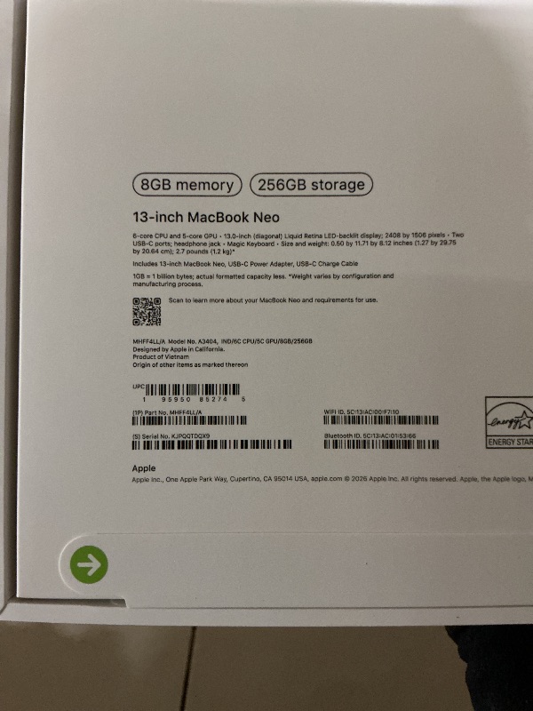 Photo 1 of Apple 2026 MacBook Neo 13-inch Laptop with A18 Pro chip: Built for AI and Apple Intelligence, Liquid Retina Display, 8GB Unified Memory, 256GB SSD Storage, 1080p FaceTime HD Camera; Indigo