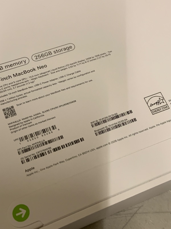 Photo 1 of Apple 2026 MacBook Neo 13-inch Laptop with A18 Pro chip: Built for AI and Apple Intelligence, Liquid Retina Display, 8GB Unified Memory, 256GB SSD Storage, 1080p FaceTime HD Camera; Silver