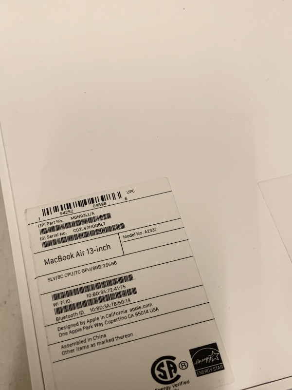 Photo 1 of 2020 Apple MacBook Air Laptop: Apple M1 Chip, 13” Retina Display, 8GB RAM, 256GB SSD Storage, Backlit Keyboard, FaceTime HD Camera, Touch ID. Works with iPhone/iPad; Silver