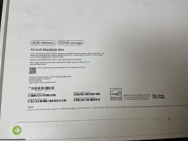 Photo 1 of Apple 2026 MacBook Neo 13-inch Laptop with A18 Pro chip: Built for AI and Apple Intelligence, Liquid Retina Display, 8GB Unified Memory, 512GB SSD Storage, 1080p FaceTime HD Camera, Touch ID; Citrus