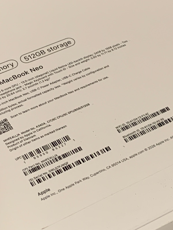 Photo 1 of Apple 2026 MacBook Neo 13-inch Laptop with A18 Pro chip: Built for AI and Apple Intelligence, Liquid Retina Display, 8GB Unified Memory, 512GB SSD Storage, 1080p FaceTime HD Camera, Touch ID; Citrus