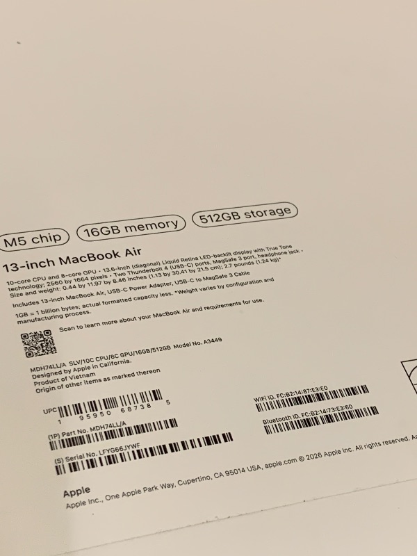 Photo 1 of Apple 2026 MacBook Air 13-inch Laptop with M5 chip: Built for AI, 13.6-inch Liquid Retina Display, 16GB Unified Memory, 512GB SSD, 12MP Center Stage Camera, Touch ID, Wi-Fi 7; Silver