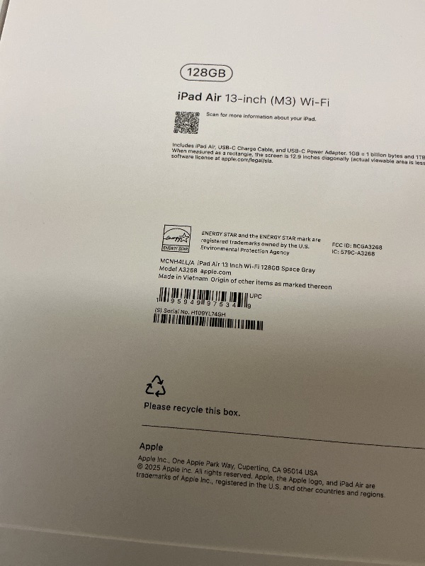 Photo 1 of Apple iPad Air 13-inch with M3 chip Built for Apple Intelligence, Liquid Retina Display, 128GB, 12MP Front/Back Camera, Wi-Fi 6E, Touch ID, All-Day Battery Life — Space Gray