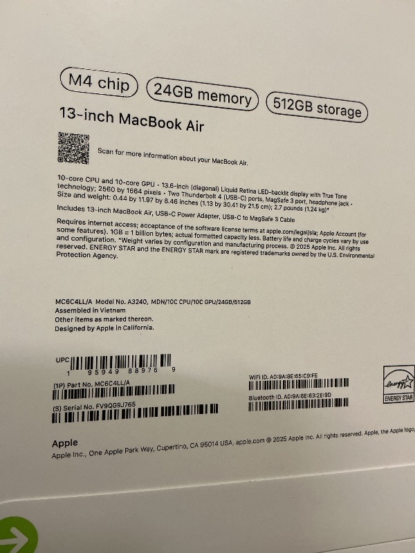 Photo 1 of Apple 2025 MacBook Air 13-inch Laptop with M4 chip: Built for Apple Intelligence, 13.6-inch Liquid Retina Display, 24GB Unified Memory, 512GB SSD Storage, 12MP Center Stage Camera, Touch ID; Midnight