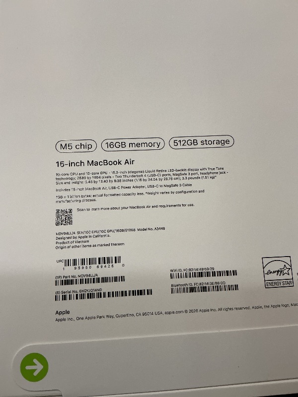 Photo 1 of Apple 2026 MacBook Air 15-inch Laptop with M5 chip: Built for AI, 15.3-inch Liquid Retina Display, 16GB Unified Memory, 512GB SSD, 12MP Center Stage Camera, Touch ID, Wi-Fi 7; Silver