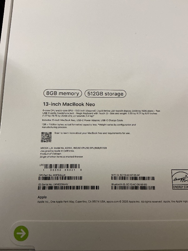 Photo 1 of Apple 2026 MacBook Neo 13-inch Laptop with A18 Pro chip: Built for AI and Apple Intelligence, Liquid Retina Display, 8GB Unified Memory, 512GB SSD Storage, 1080p FaceTime HD Camera, Touch ID; Indigo