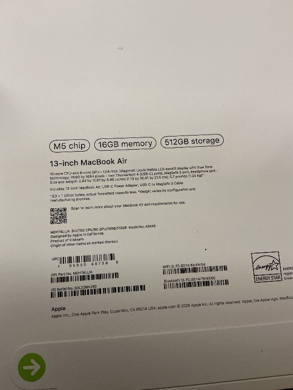 Photo 1 of Apple 2026 MacBook Air 13-inch Laptop with M5 chip: Built for AI, 13.6-inch Liquid Retina Display, 16GB Unified Memory, 512GB SSD, 12MP Center Stage Camera, Touch ID, Wi-Fi 7; Silver