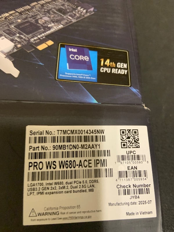 Photo 1 of ASUS Pro WS W680-ACE IPMI Intel LGA1700 ATX workstation motherboard,2x PCIe 5.0x16 slot,DDR5,ECC memory,2x2.5 Gb Lan,3xM.2 slots,SlimSAS,BMC header,THUNDERBOLT4 Header,IPMI Expansion card bundled,ACCE