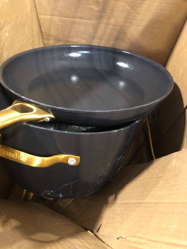 Photo 1 of ** DAMAGE ** USED** GreenPan Hard Anodized Healthy Ceramic Nonstick 10 Piece Cookware Pots and Pans Set, Gold-Tone Stainless Steel Handles, PFAS-Free, Dishwasher Safe, Oven & Broiler Safe, Black