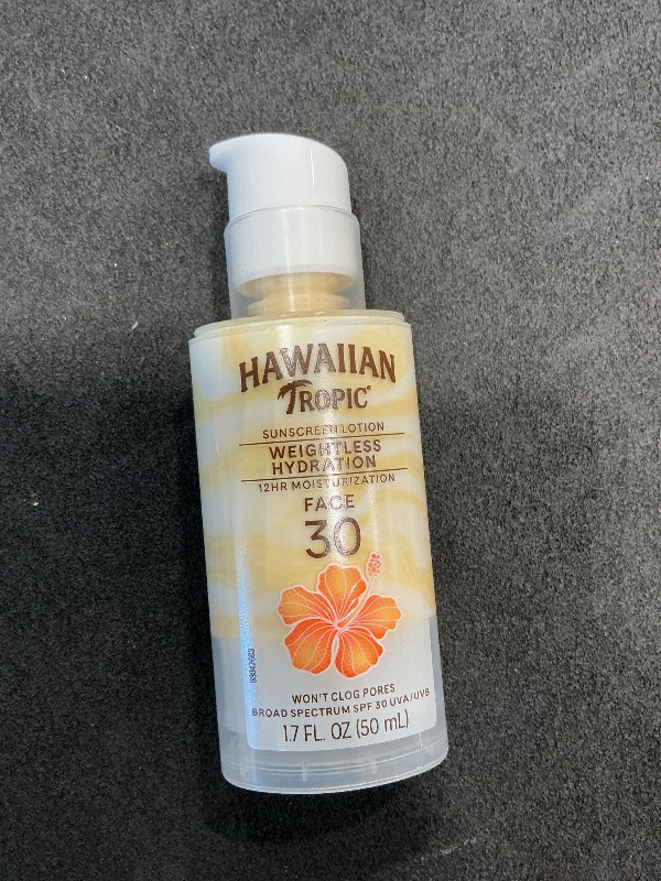 Photo 1 of ***ITEM IS USED*** Hawaiian Tropic Weightless Hydration Lotion Sunscreen for Face SPF 30, 1.7oz | Travel Size Sunscreen Lotion, Beach Essentials, Sun Protection, Travel Sunblock Face, Summer Essentials, 1.7 fl oz