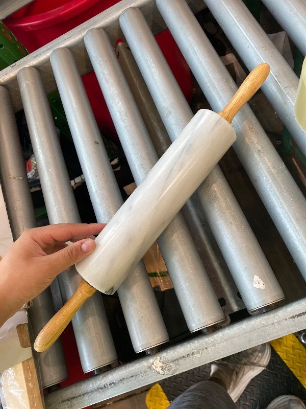Photo 1 of [DAMAGED] Fox Run Polished Marble Rolling Pin with Wooden Cradle, 10-Inch Barrel, White