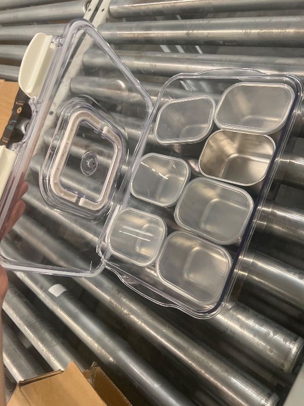 Photo 1 of **** only 7 compartments **** kidinit Snackle Box Container, Stainless Steel Divided Serving Tray with Lid and Handle, Large Snack Tray for Fruit Veggie Candy, 8-Compartment Snack Platter for Travel Party Beach Picnic