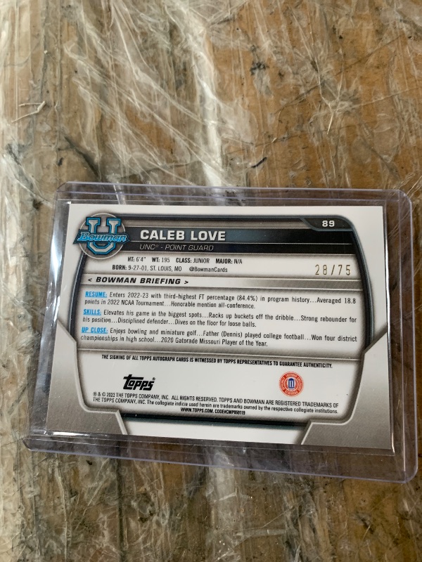 Photo 1 of Caleb Love [Autograph Yellow] #89 2022 Bowman Chrome University 
