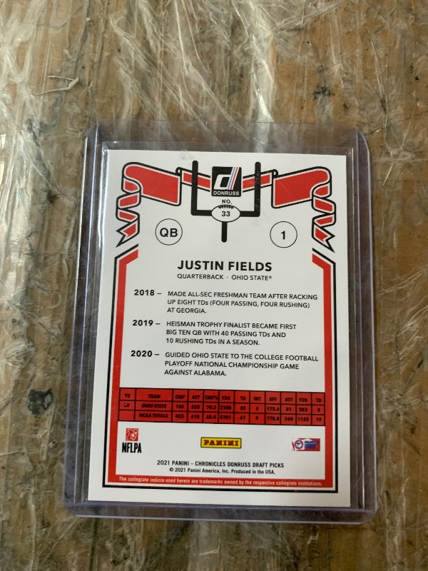 Photo 1 of Justin Fields 2021 Panini Chronicles Draft Picks Donruss RC Rookie #33 jets OSU