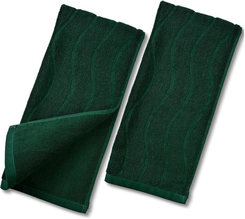 Photo 1 of (reference hand towels) 2-Piece Hand Towels Set in Forest Green, Wavy Striped Jacquard Towels for Bathroom Kitchen Gifts (13x29 Inches, 100% Cotton)