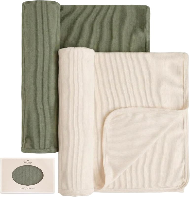 Photo 1 of *PHOTO FOR REFERENCE** Konssy Knit Baby Blanket 2 Pack, Soft Ribbed Swaddle Receiving Blankets for Boys & Girls, Lightweight Cozy Swaddling Wrap for Newborns, Infants, & Toddlers, 33x42 Inch (Beige, Sage)
