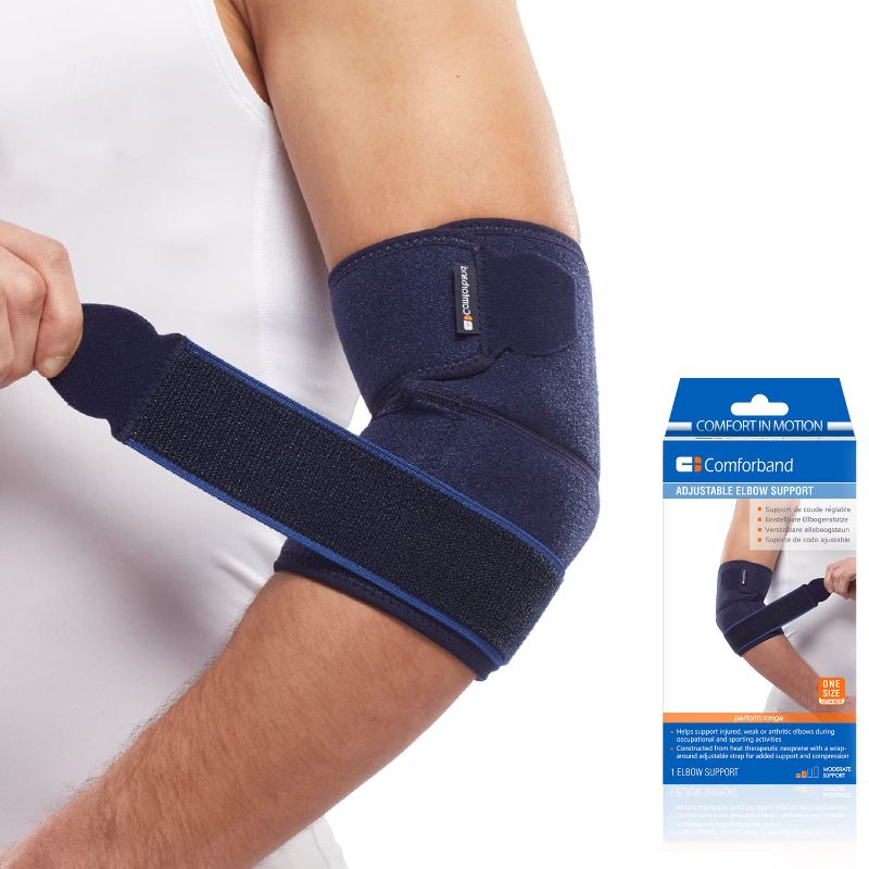 Photo 1 of ?Comforband Adjustable Elbow Brace – Targeted Support for Tennis Elbow, Golfer's Elbow, Tendonitis, Arthritis, Bursitis, Sprains, and Strains – One-Size-Fits-Most Compression Sleeve for Pain Relief and Injury Recovery
