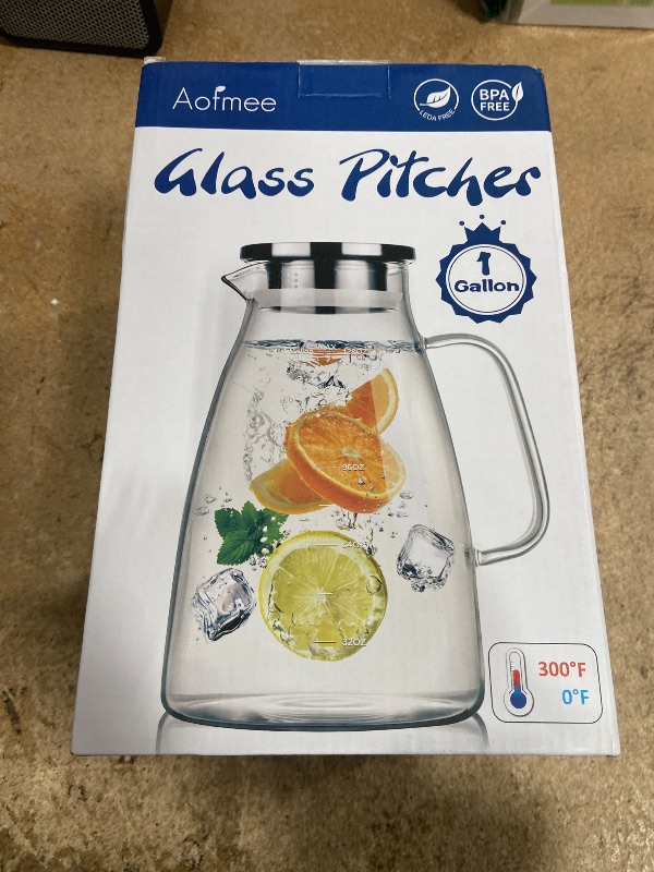 Photo 1 of 1 Gallon 128oz Glass Pitcher, Water Pitcher with Lid and Spout, Glass Carafe for Hot/Cold Drink, Water Jug for Iced Tea, Coffee, Juice, Milk, Beverage (Extra-Wide Mouth)