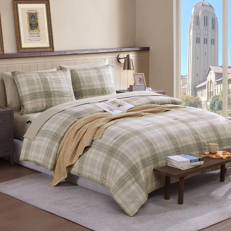 Photo 1 of **FACTORY SEALED** AMBERSPACE Twin XL Comforter Set, Khaki Green Plaid Bedding Set 5 Piece for Boys Girls Teen, Classic Homestead-Style Kids Comforter Set Bed in A Bag with Sheets, Pillowcase & Sham