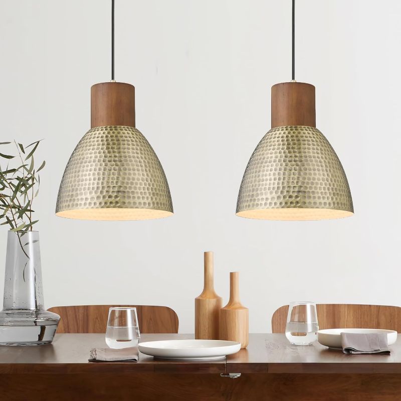 Photo 1 of **FACTORY SEALED** ELYONA 2 Pack Hammered Pendant Light Fixtures, 10.2" Vintage Metal Solid Wood Hanging Bar Lamp, Mid Century Antique Gold Pendant Lights for Kitchen Island, Farmhouse, Dining Room, Brushed Brass