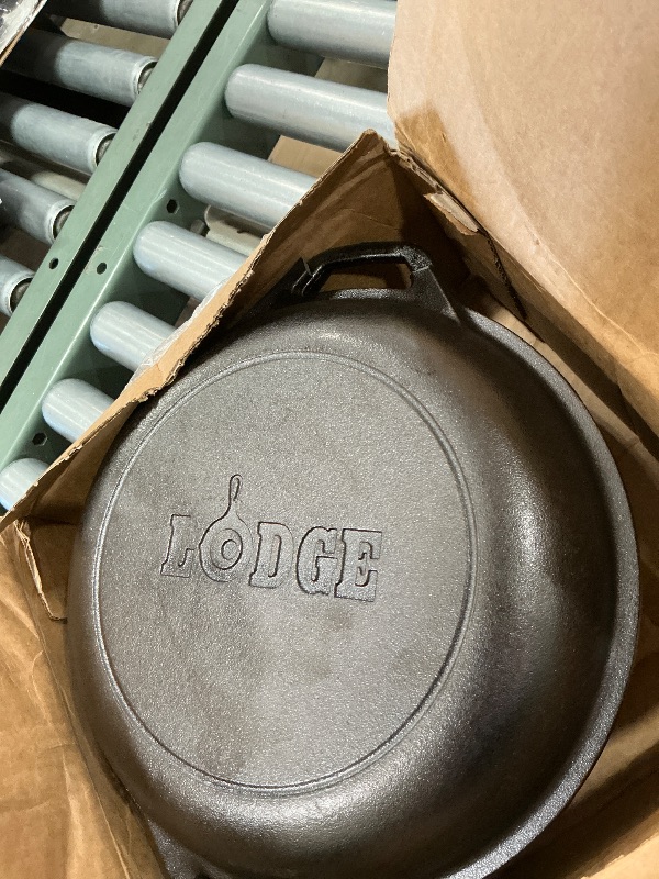 Photo 1 of **** CHECK COMMENTS***. Lodge Cast Iron Double Dutch Oven - Pre-Seasoned 2-in-1 Cast Iron Cookware - Pot & Skillet Combo - Even Heat Retention - Oven-Safe, Versatile Pot - 5 Quart