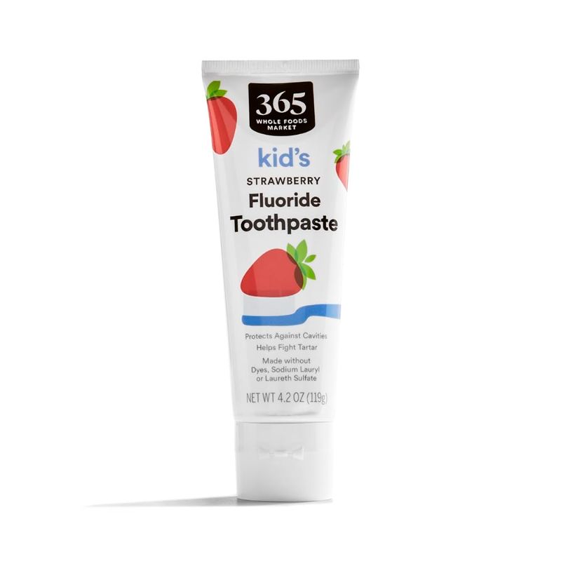 Photo 1 of  Whole Foods Market Kid's Strawberry Fluoride Toothpaste, a 4.2 oz (119g) formula designed for children 2 years of age and older. It is formulated to help protect against cavities and fight tartar build-up while being free from artificial dyes and sodium 