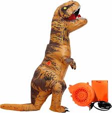 Photo 1 of  Lulu Home Inflatable T-Rex Dinosaur Costume, specifically the brown "Kids (M)" version. The packaging features the "Lulu Home" brand name and model number 2511F-M, which indicates it is sized for children. 