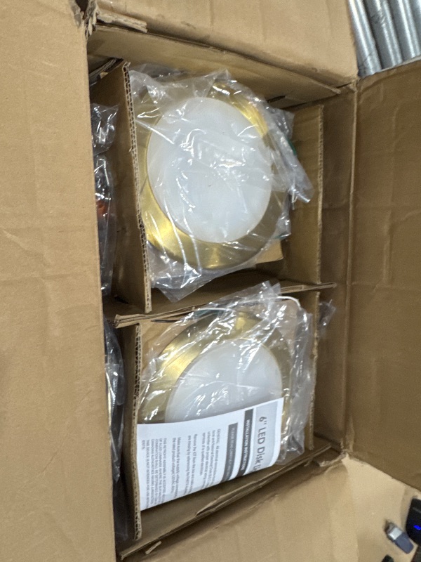 Photo 1 of hykolity 5/6 Inch Selectable CCT LED Disk Light Flush Mount, 3000K/4000K/5000K, Dimmable Recessed Retrofit Ceiling Light, CRI90, 1050lm, 15W, Installs Into Junction Box or Recessed Can, Gold, 12 Pack